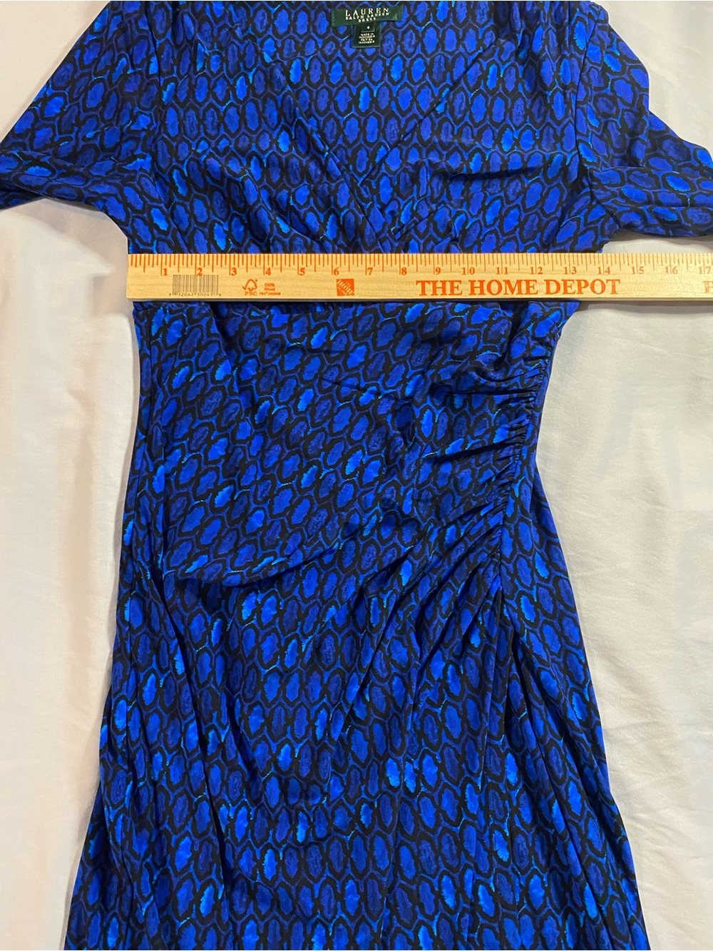 Lauren Ralph Lauren Black/Blue 3/4 sleeve Stretch V-neck Faux wrap Dress Size 4 - Picture 8 of 9